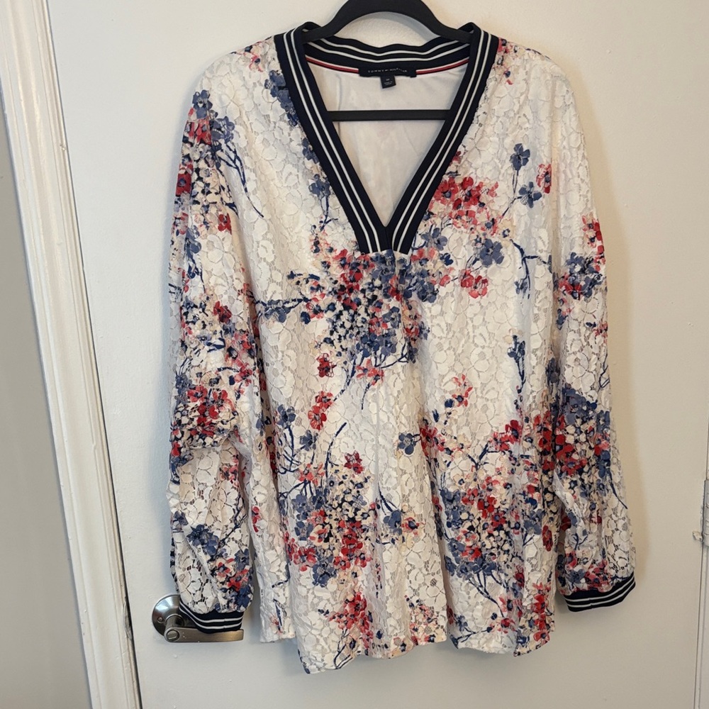 Tommy Hilfiger Floral Lace V-Neck Blouse - Red and Blue